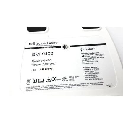 White rectangular label for verathon bvi 9400 bladder scanner sn-b4010970 with black printed text and logos