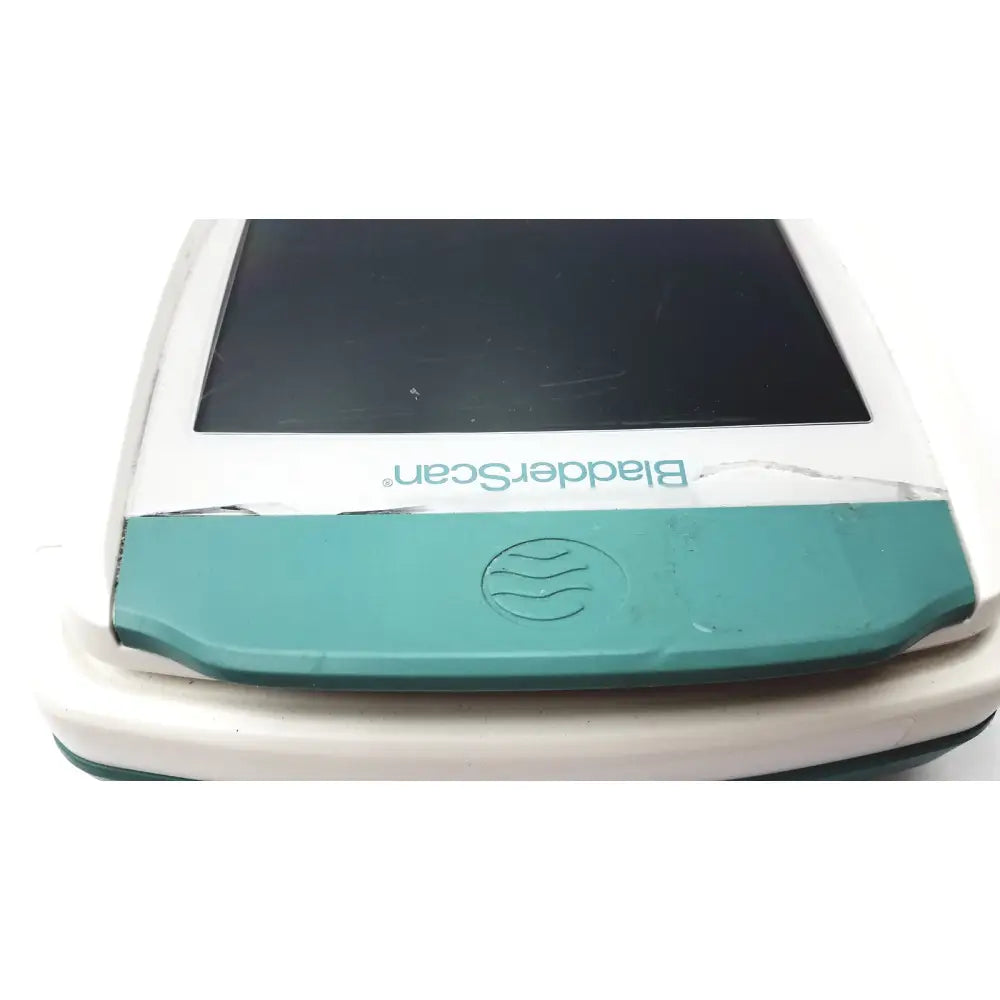 White and teal verathon bvi bladder scanner sn-b4010970 with cracked screen and worn plastic casing handheld device