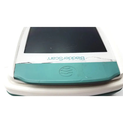 White and teal verathon bvi bladder scanner sn-b4010970 with cracked screen and worn plastic casing handheld device
