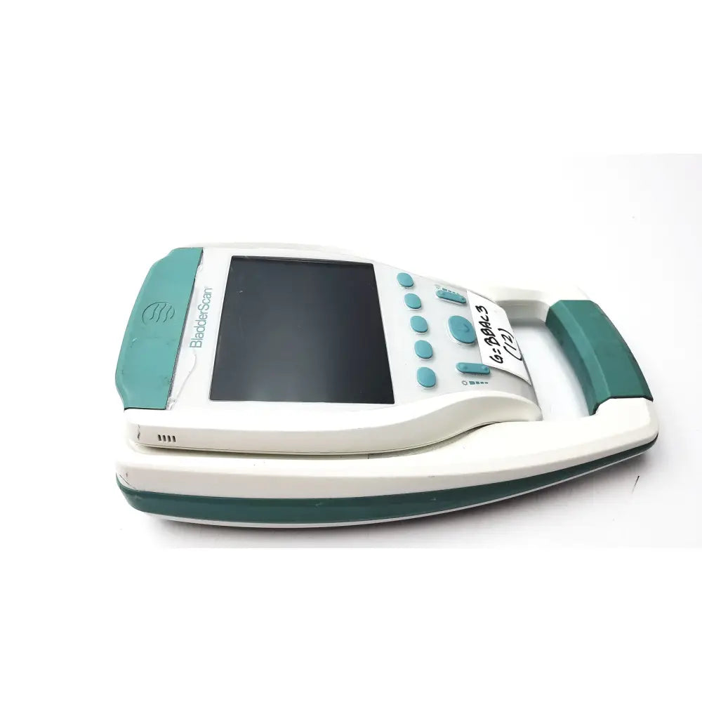 White and teal verathon bvi 9400 bladder scanner sn-b4010970 handheld device with screen buttons and ergonomic handles