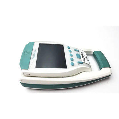 White and teal verathon bvi 9400 bladder scanner sn-b4010970 handheld device with screen buttons and ergonomic handles
