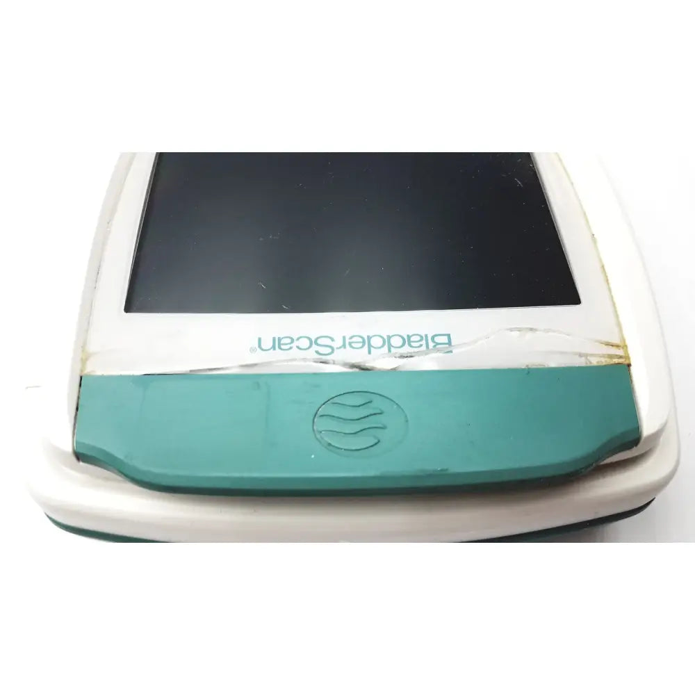White and teal verathon bvi 9400 bladder scanner handheld device with black screen model sn- b4010971