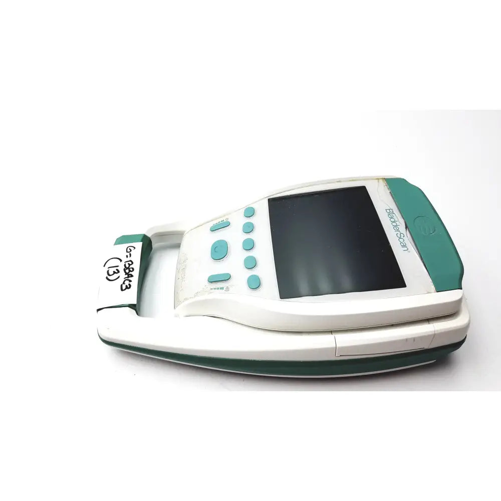 White and teal handheld glucose meter with screen and test strip slot for verathon bvi bladder scanner sn-b4010971