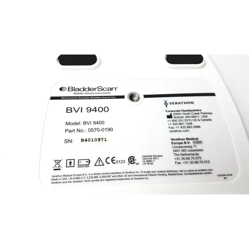 Verathon bvi 9400 bladder scanner label with model and serial number sn- b4010971 in black text on white background