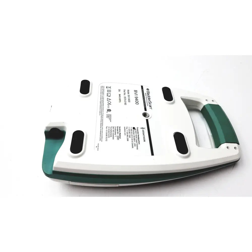 White and green brinkmann bv 9400 electric griddle with black rubber feet shown with verathon bvi 9400 bladder scanner sn- b4010971