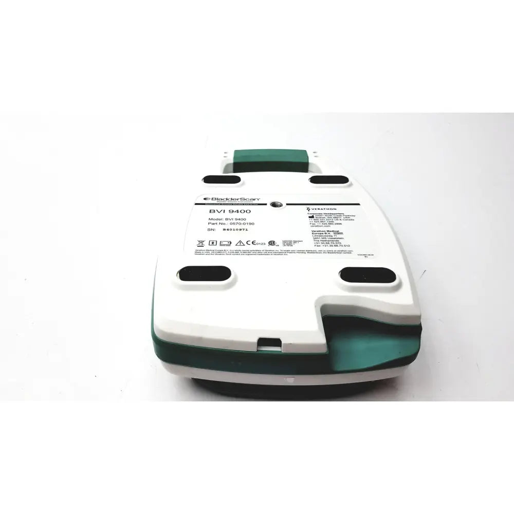 White and green Verathon BVI 9400 bladder scanner with handle for noninvasive urinary bladder volume measurement SN-B4010971