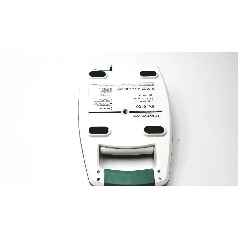 White and green plastic verathon bvi 9400 bladder scanner sn- b4010971 with black rubber feet for stability