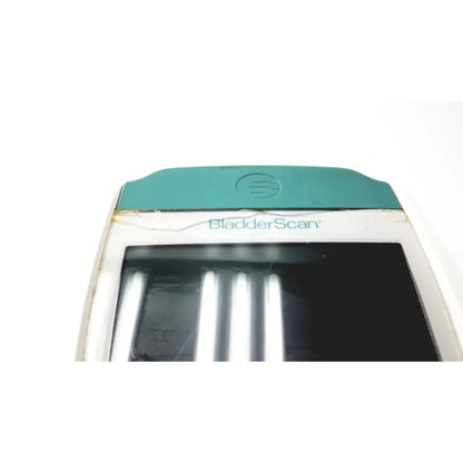 Teal and white Verathon BVI 9400 bladder scanner sn- B4010971 with rectangular screen and rounded edges for ultrasound use