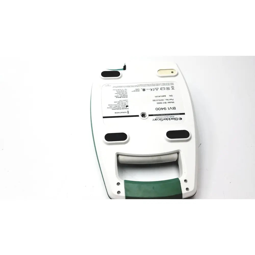 White and green verathon bvi 9400 bladder scanner with black rubberized grips model sn-b4016121 handheld device