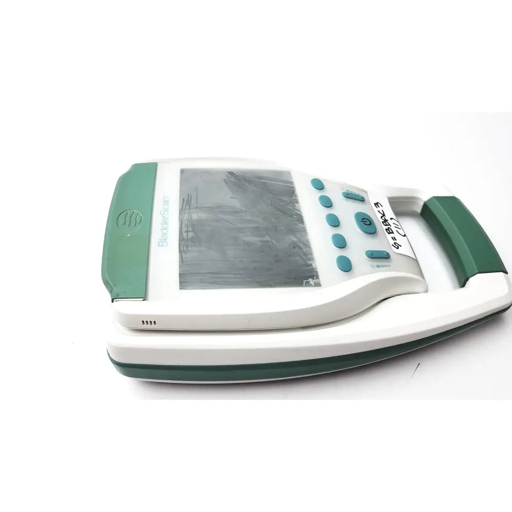 White and green Verathon BVI 9400 bladder scanner SN-B4016121 portable device with teal buttons for medical use