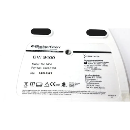 Verathon bvi 9400 bladder scanner label with black and white text on white background for medical use serial sn-b4016121