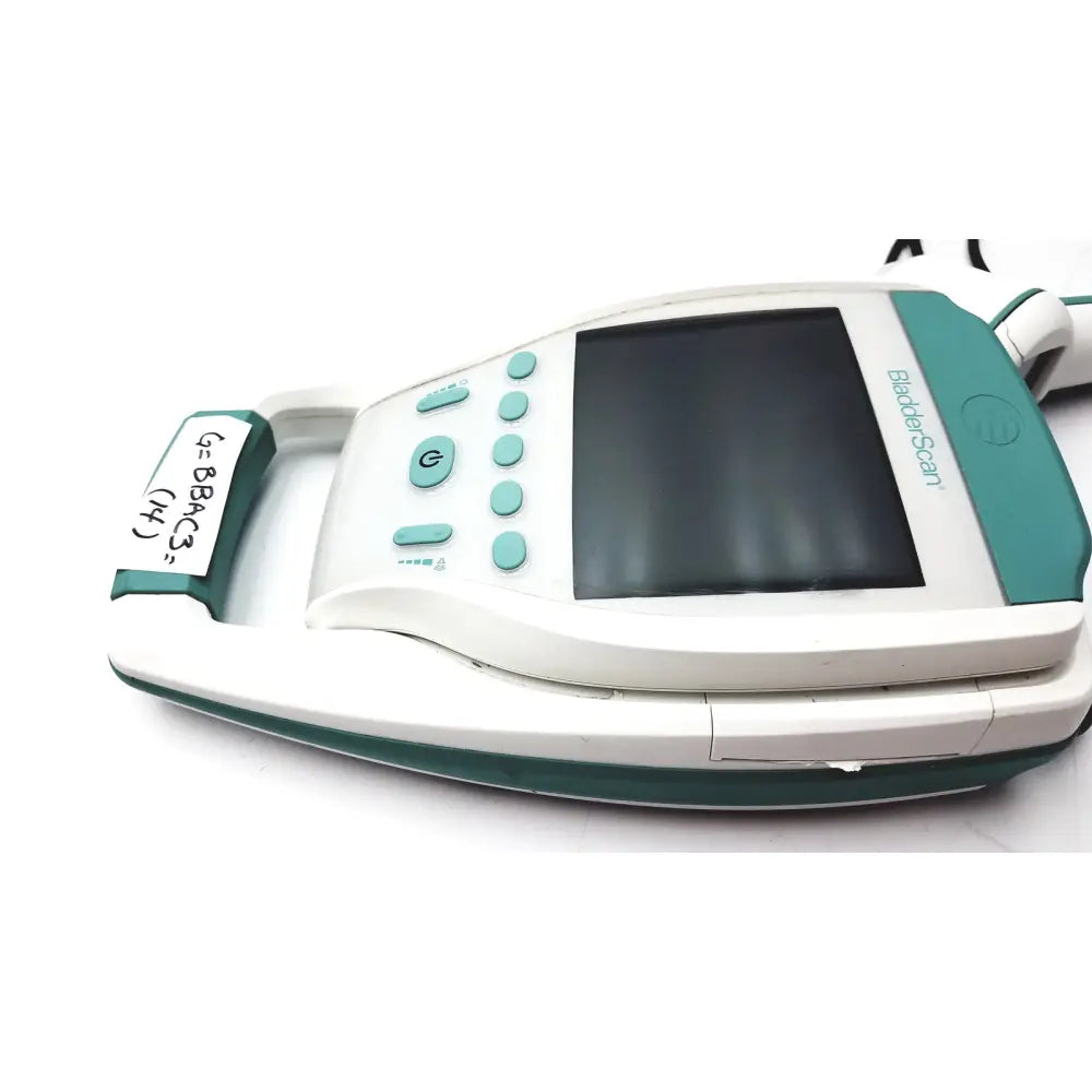 White and teal verathon bvi 9400 bladder scanner medical device with screen buttons handle for reuse medical use