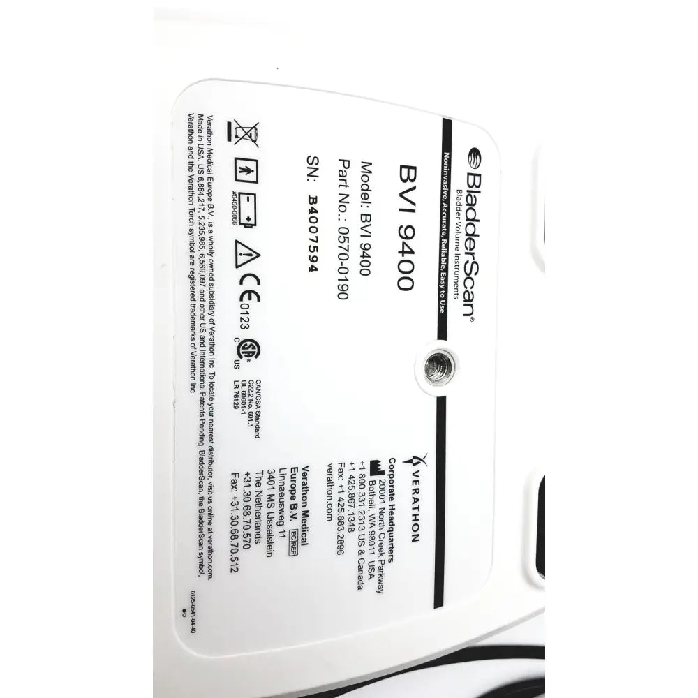 Verathon bvi 9400 bladder scanner black and white label showing model reuse medical and regulatory details on device back
