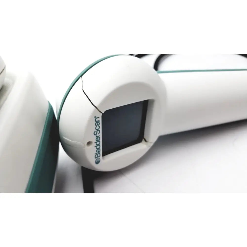 Verathon bvi 9400 bladder scanner with probe in white and teal featuring a cracked casing around its square screen for reuse medical use