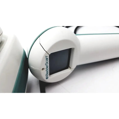 Verathon bvi 9400 bladder scanner with probe in white and teal featuring a cracked casing around its square screen for reuse medical use