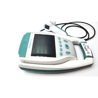 Verathon BVI 9400 bladder scanner in white and teal with handheld transducer for reuse medical applications