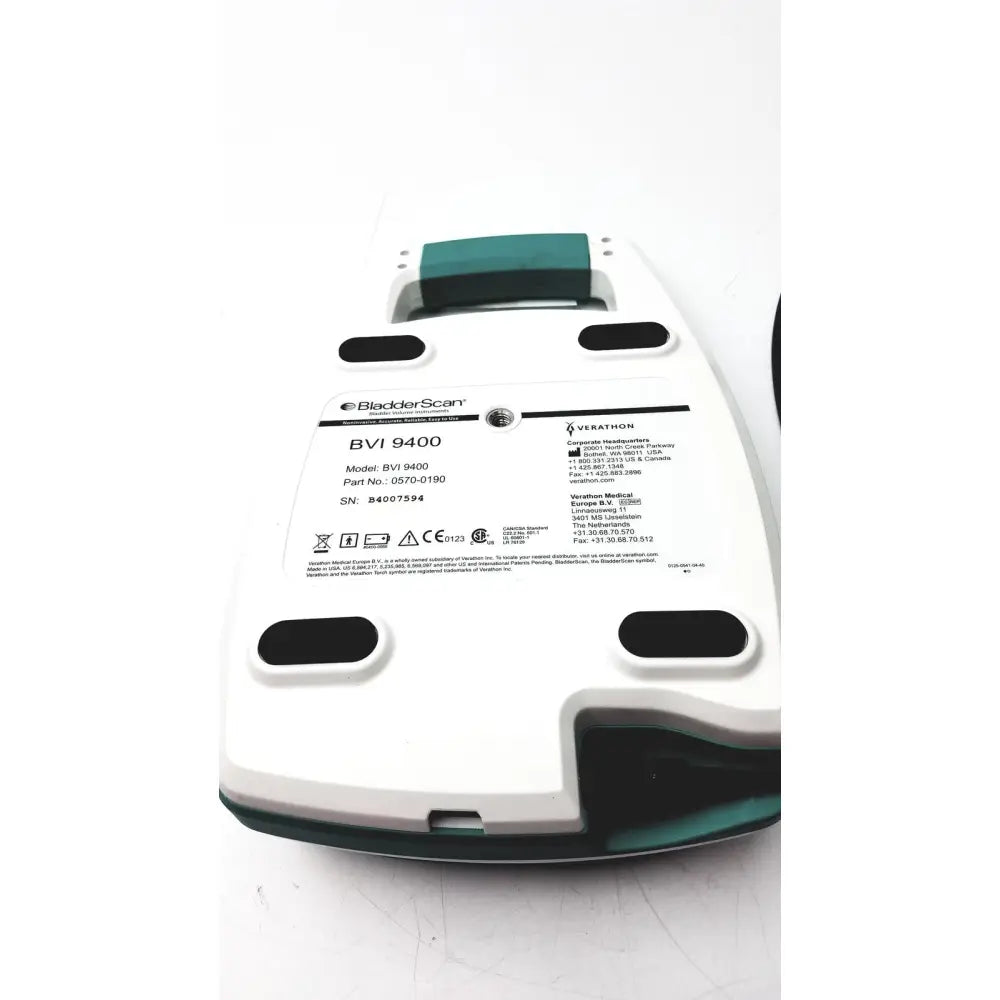 Verathon bvi 9400 bladder scanner in white and teal portable design with handle for reuse medical applications