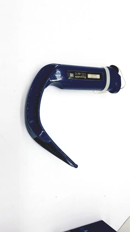 Dark blue plastic verathon glidescope reusable camera blade with curved handle and small rounded tip for otoscopy use
