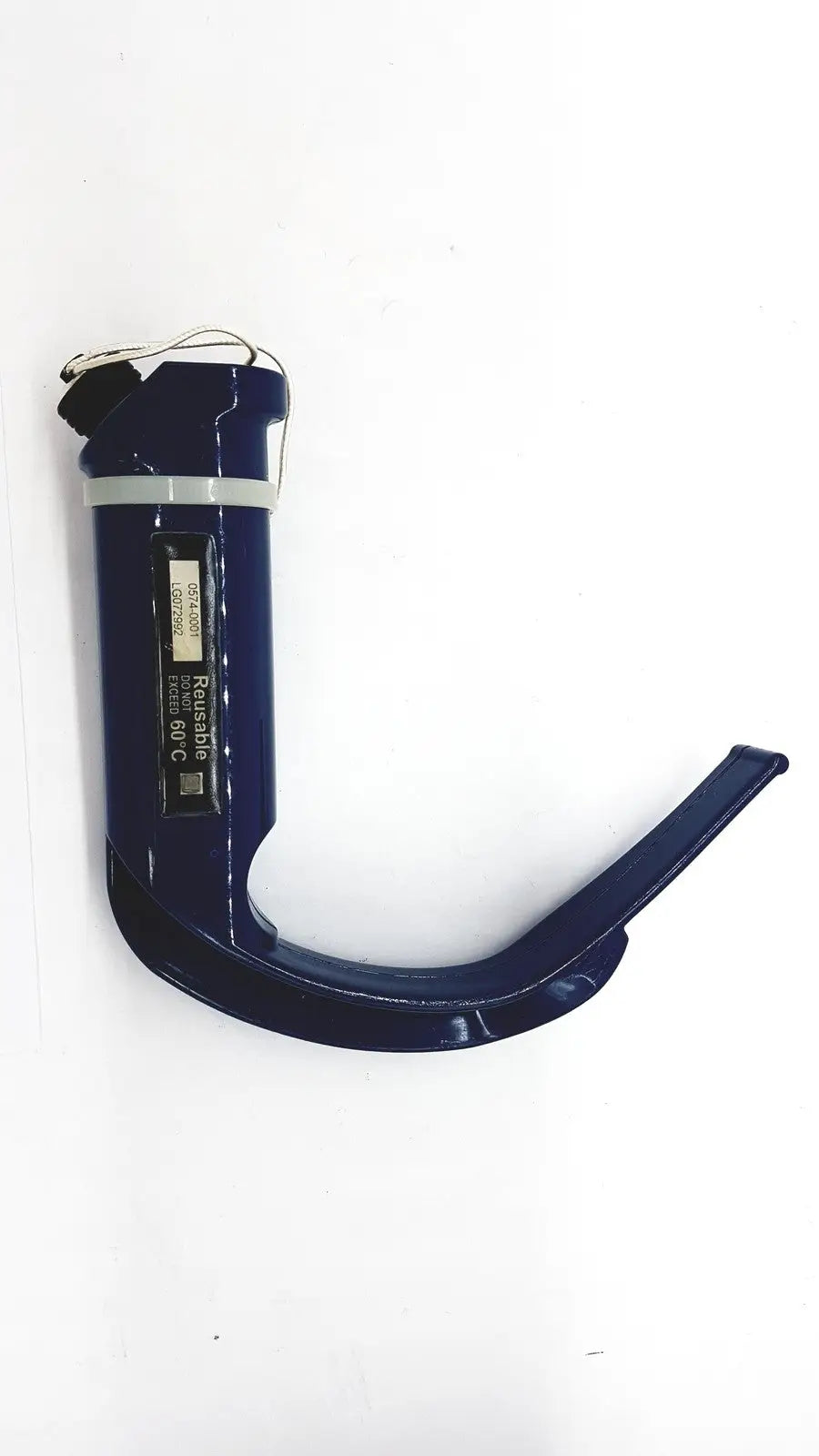 Dark blue plastic verathon glidescope reusable camera blade handle with metallic tip and raschig brand label