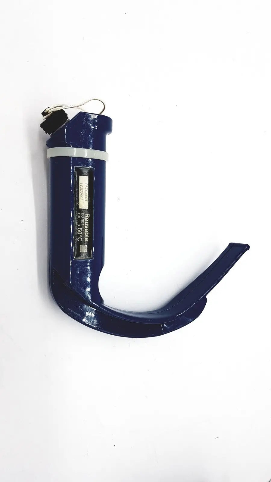 Blue plastic verathon glidescope reusable camera blade handle with metal tip and white label for medical use