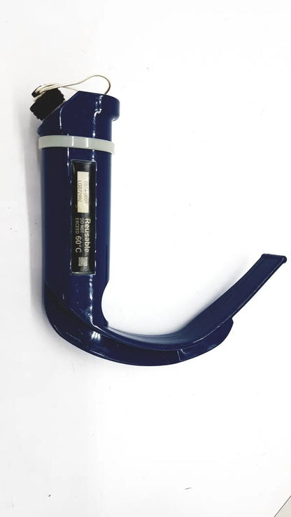 Blue plastic verathon glidescope reusable camera blade with curved handle and transparent window displaying text