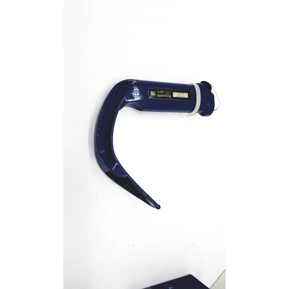 Dark blue plastic verathon glidescope reusable camera blade with curved handle and small rounded tip for otoscopy use