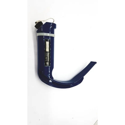 Blue plastic verathon glidescope reusable camera blade with curved handle and transparent window displaying text