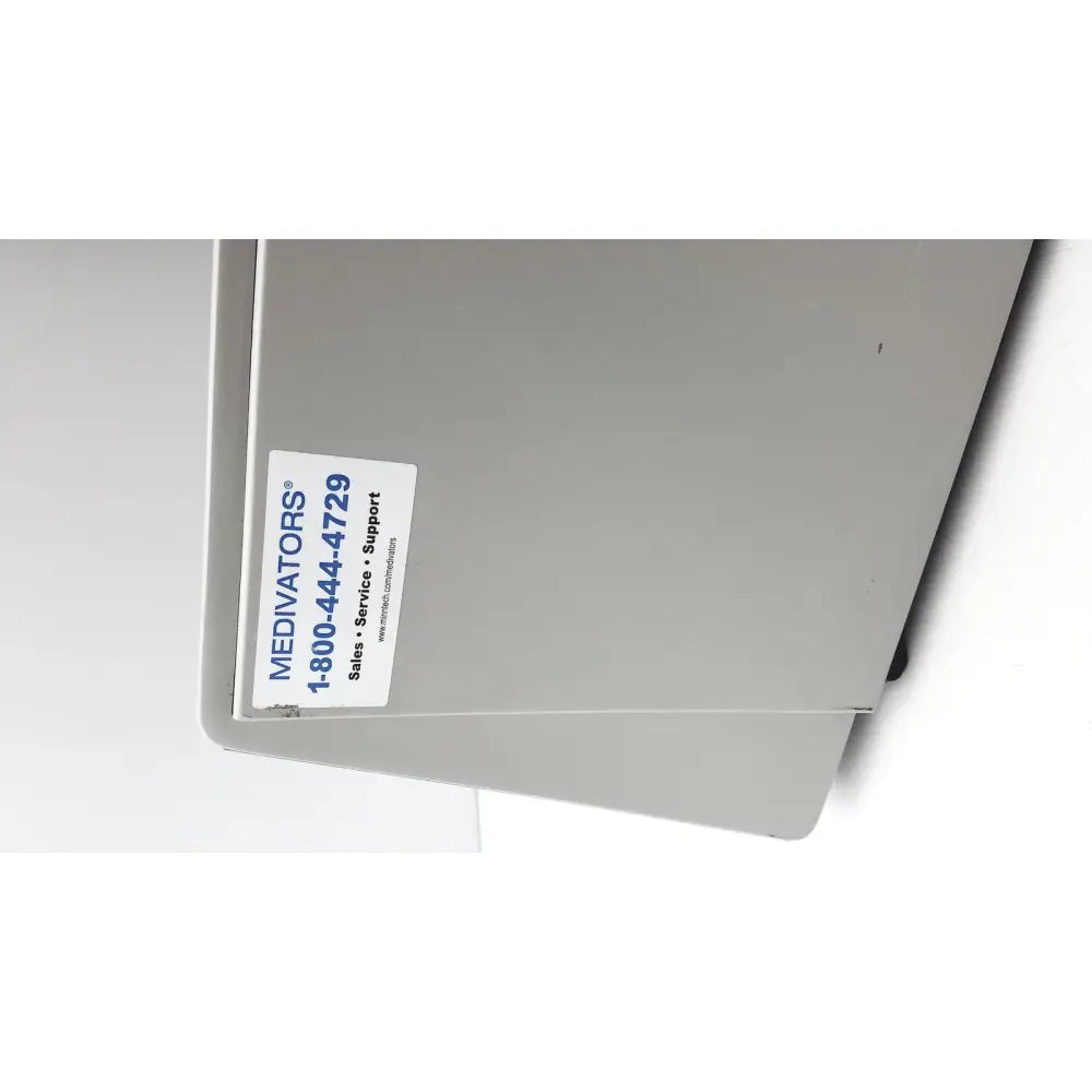 Gray plastic medivators veriscan lt automated endoscope leak tester box with white label and blue text