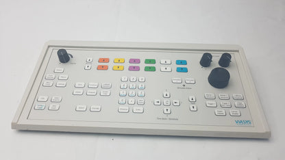 Gray viasys healthcare emg compatible control panel with colorful buttons and black rotary knobs for video production