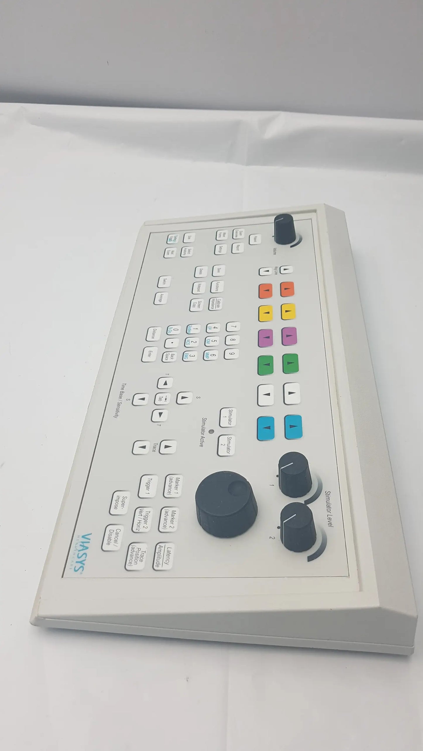 White plastic viasys healthcare emg vs-control panel with labeled buttons rotary knobs and color-coded function keys