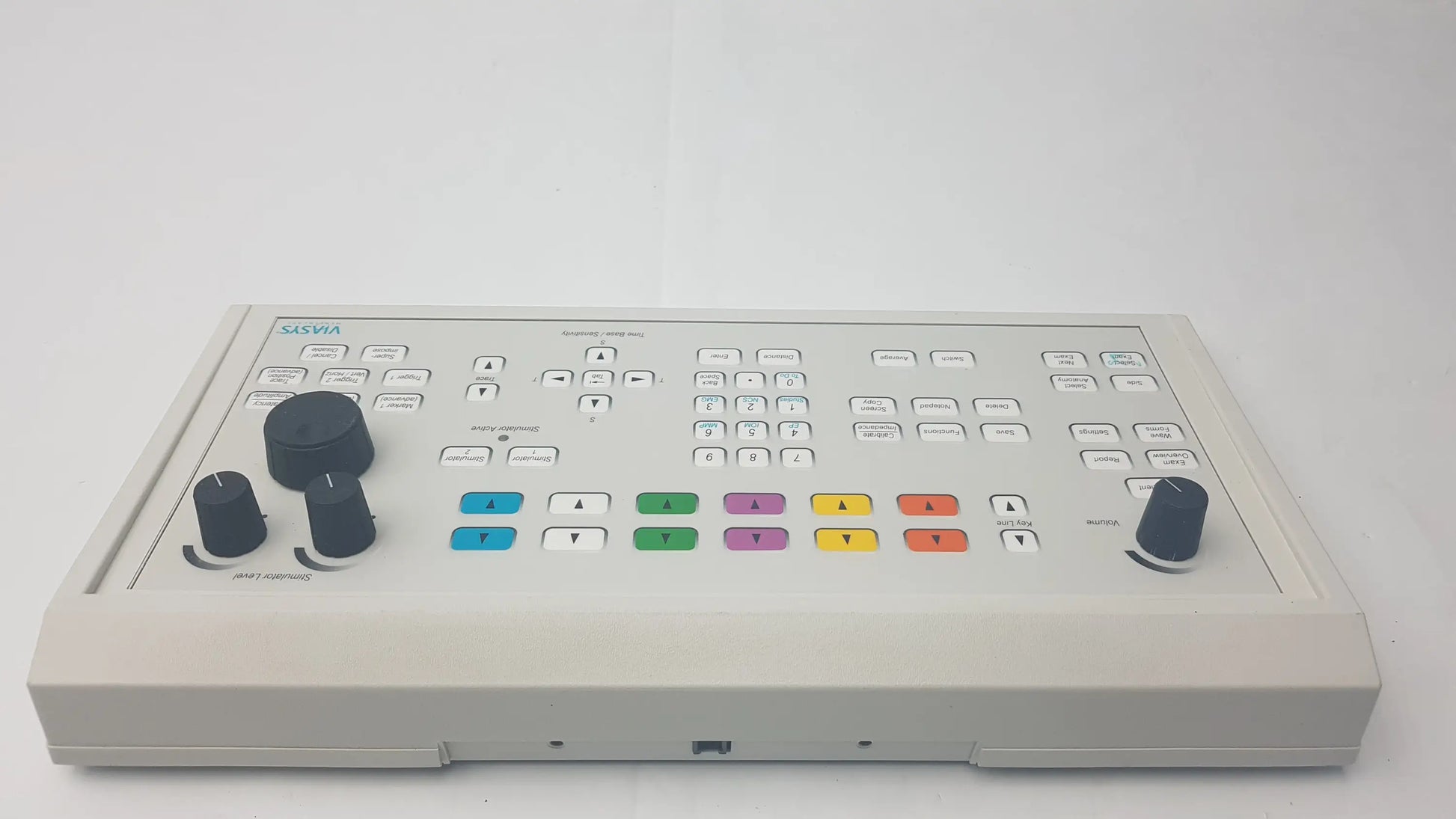 Viasys Healthcare white plastic control panel with black knobs and colorful buttons for compatible EMG switcher