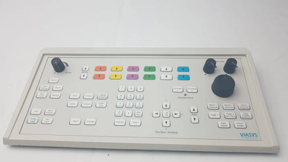 White viasys healthcare emg compatible control panel with colorful labeled buttons and black rotary knobs for video production