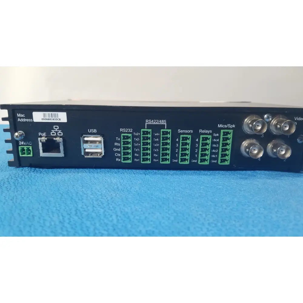 Back side of black VICONNet KTX-4 digital video encoder server with green terminal blocks USB ports and BNC connectors for CCTV