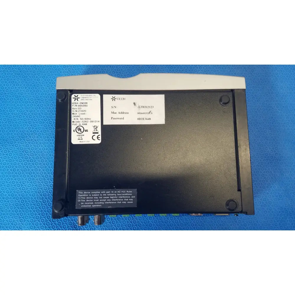 Black rectangular vicon viconnet ktx-4 digital video encoder server cctv with model and certification labels on white top edge