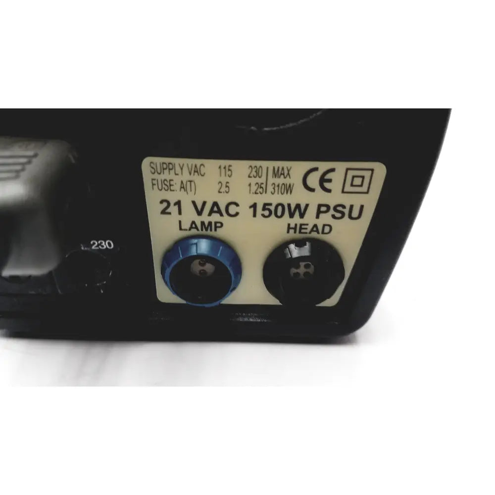 Black 21 vac 150w psu with blue and black lamp and head connectors on back of vision engineering microscope camera head