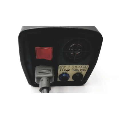 Black plastic power supply unit with red switch labeled 21 vac 150w psu and two knobs for lamp and head settings for Vision Engineering microscope camera head