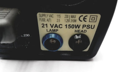 Black 21 vac 150w psu with blue and black lamp and head connectors on back of vision engineering microscope camera head