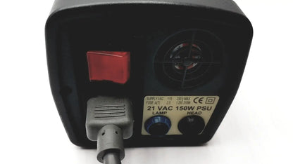 Black plastic power supply unit with red switch labeled 21 vac 150w psu and two knobs for lamp and head settings for Vision Engineering microscope camera head