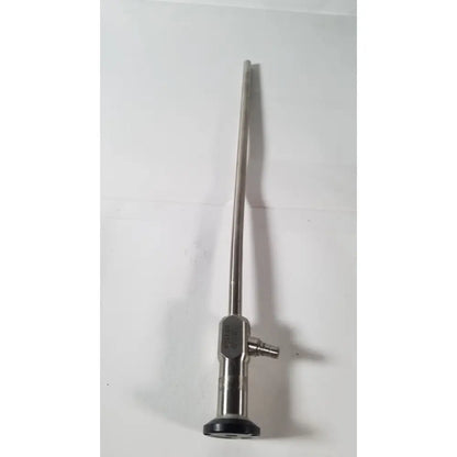 Stainless steel vista stereo laparoscopic surgery endoscope with 70° angle and black rubberized base showing dents