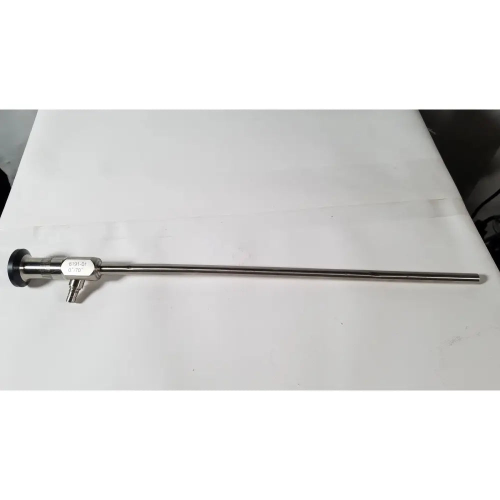 Stainless steel vista stereo laparoscopic surgery endoscope with hexagonal connector and black rubber seal showing dents