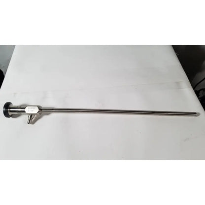 Stainless steel vista stereo laparoscopic surgery endoscope with hexagonal connector and black rubber seal showing dents