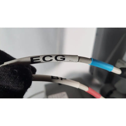 Gray ecg cable with black lettering and blue connector shown in volcano s5 imaging operator’s manual for reuse medical use
