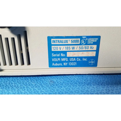 White plastic Volpi intralux 5000 fiber optic illuminator dual gooseneck microscope light with blue specification sticker