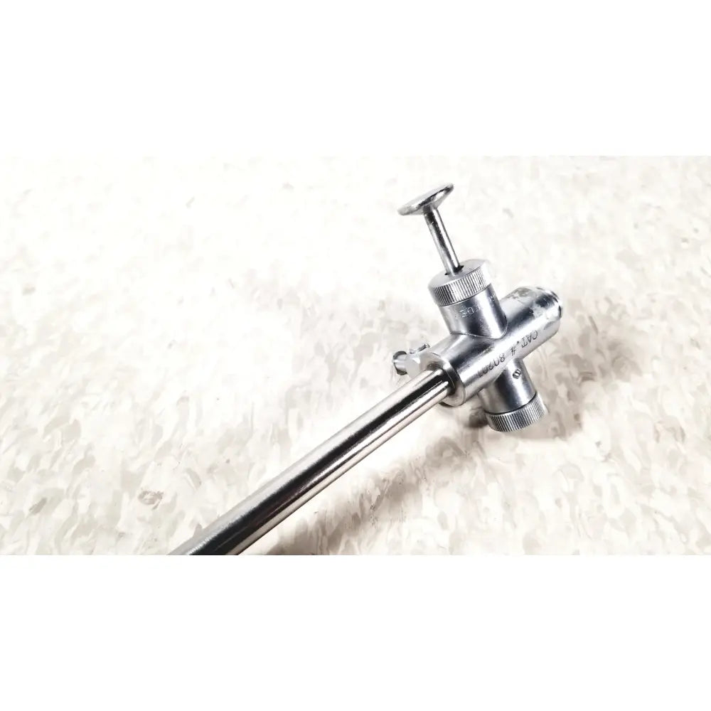 Silver-colored metal vwgh cat endoscope sheath with long slender shaft and threaded knobs for precise control reuse medical use