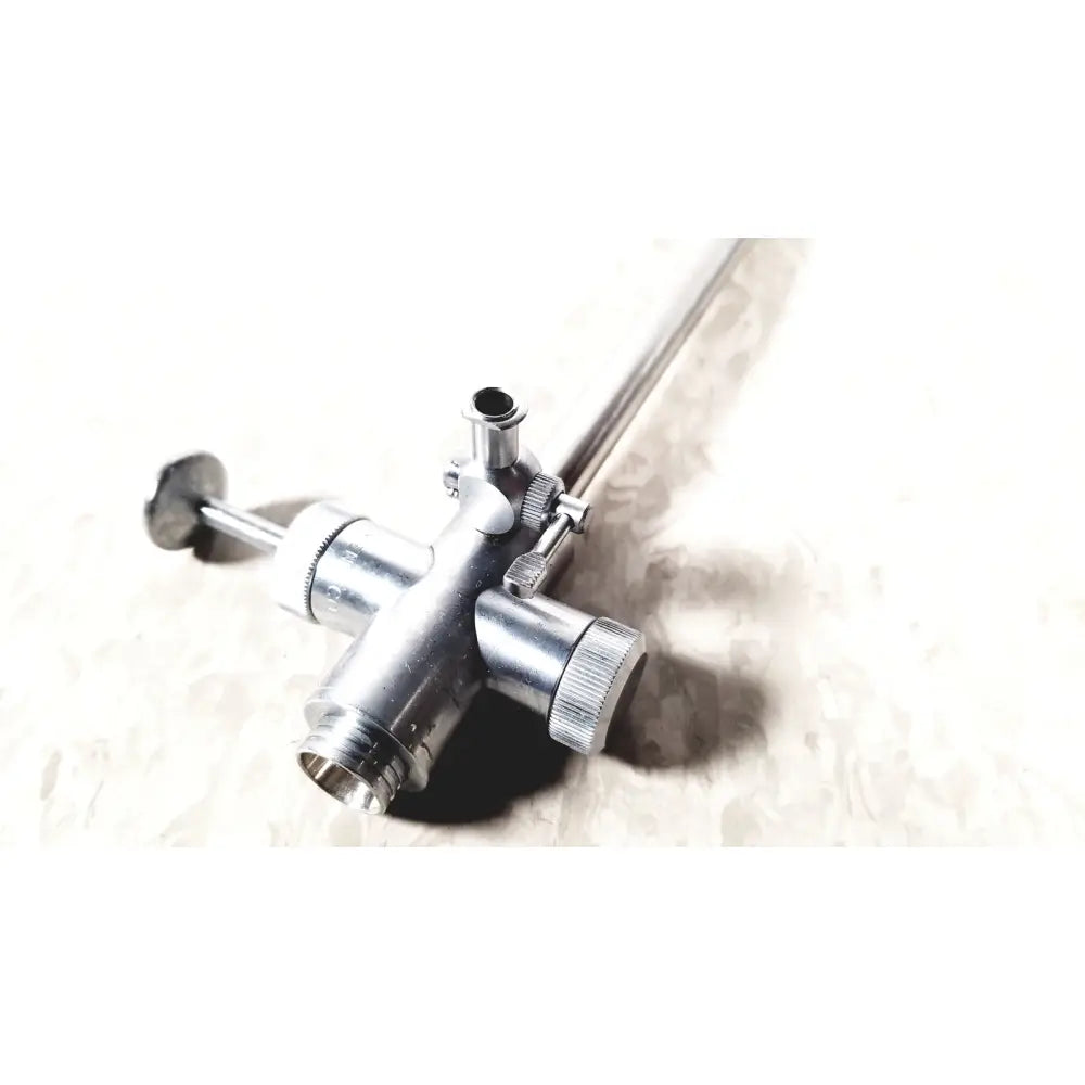 Silver-colored metallic vwgh cat endoscope sheath with slender shaft and multiple threaded connectors for reuse medical use