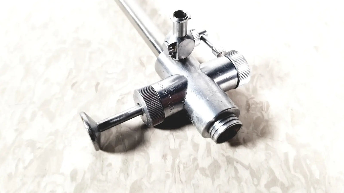 Silver metallic vwgh cat endoscope sheath with long slender shaft and multiple threaded connectors for reuse medical use