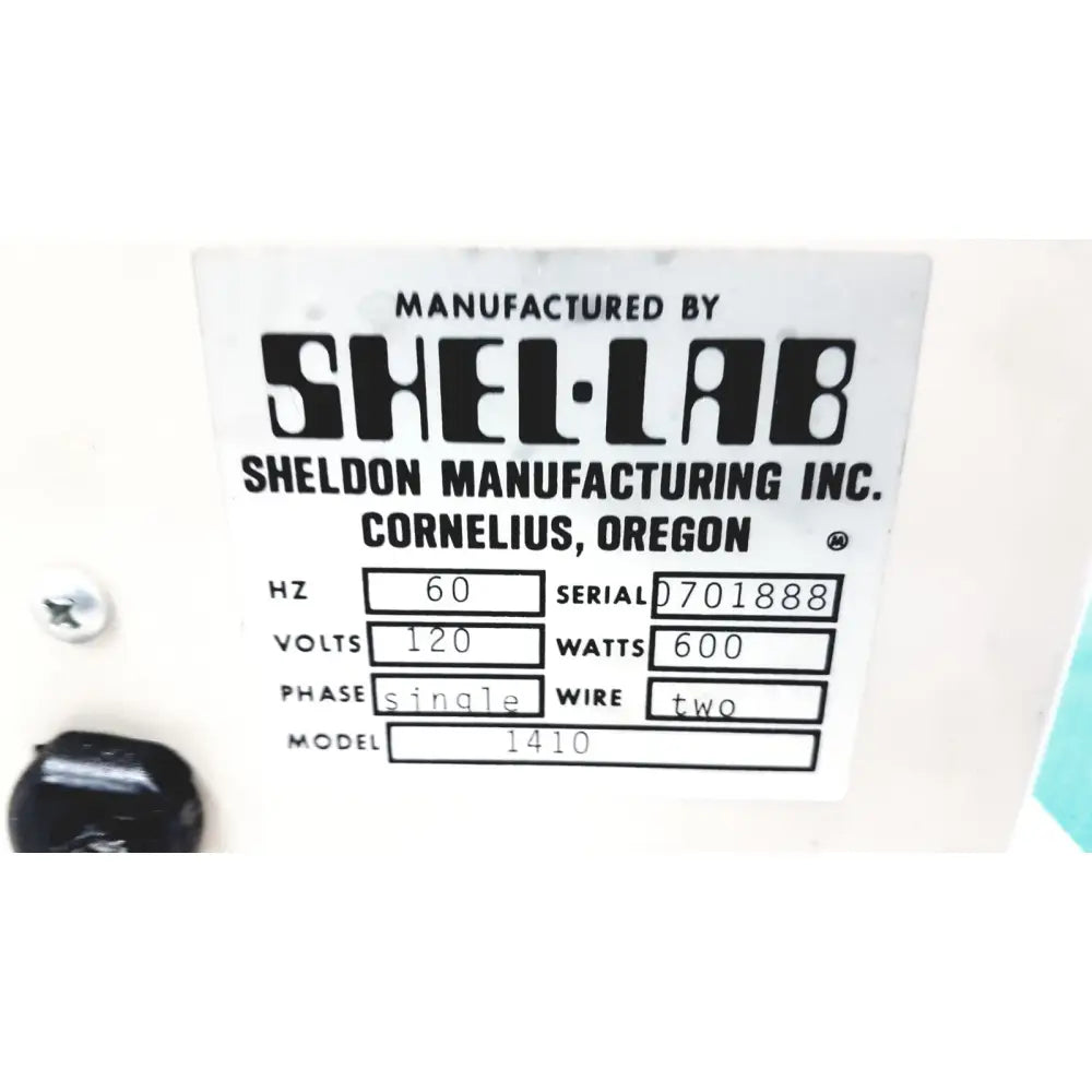 White label with black text on scientific vacuum oven manufactured by shellab sheldon manufacturing inc cornelius oregon