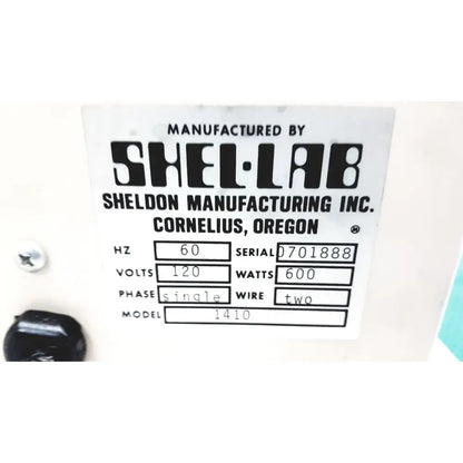 White label with black text on scientific vacuum oven manufactured by shellab sheldon manufacturing inc cornelius oregon