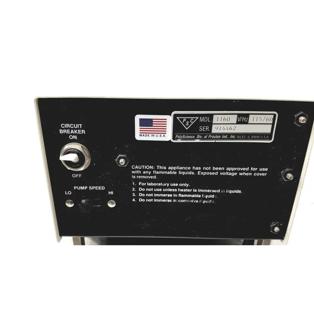 Black control panel with silver toggle switch and labels for circuit breaker and pump speed settings on vwr scientific recirculating water bath