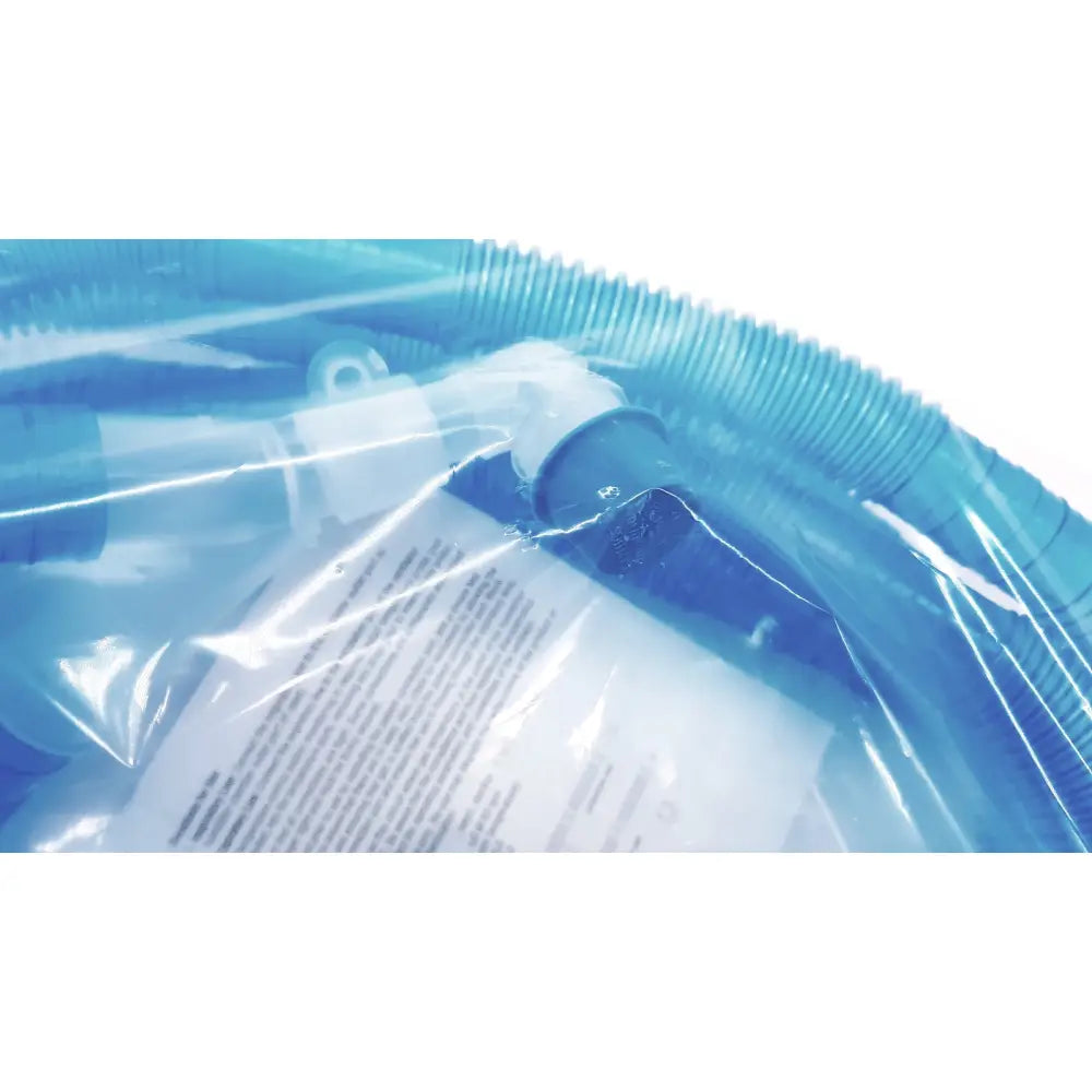 Blue plastic pool vacuum hose with white and dark blue attachment in clear packaging for vyaire 0y1778 airlife ventilator circuit